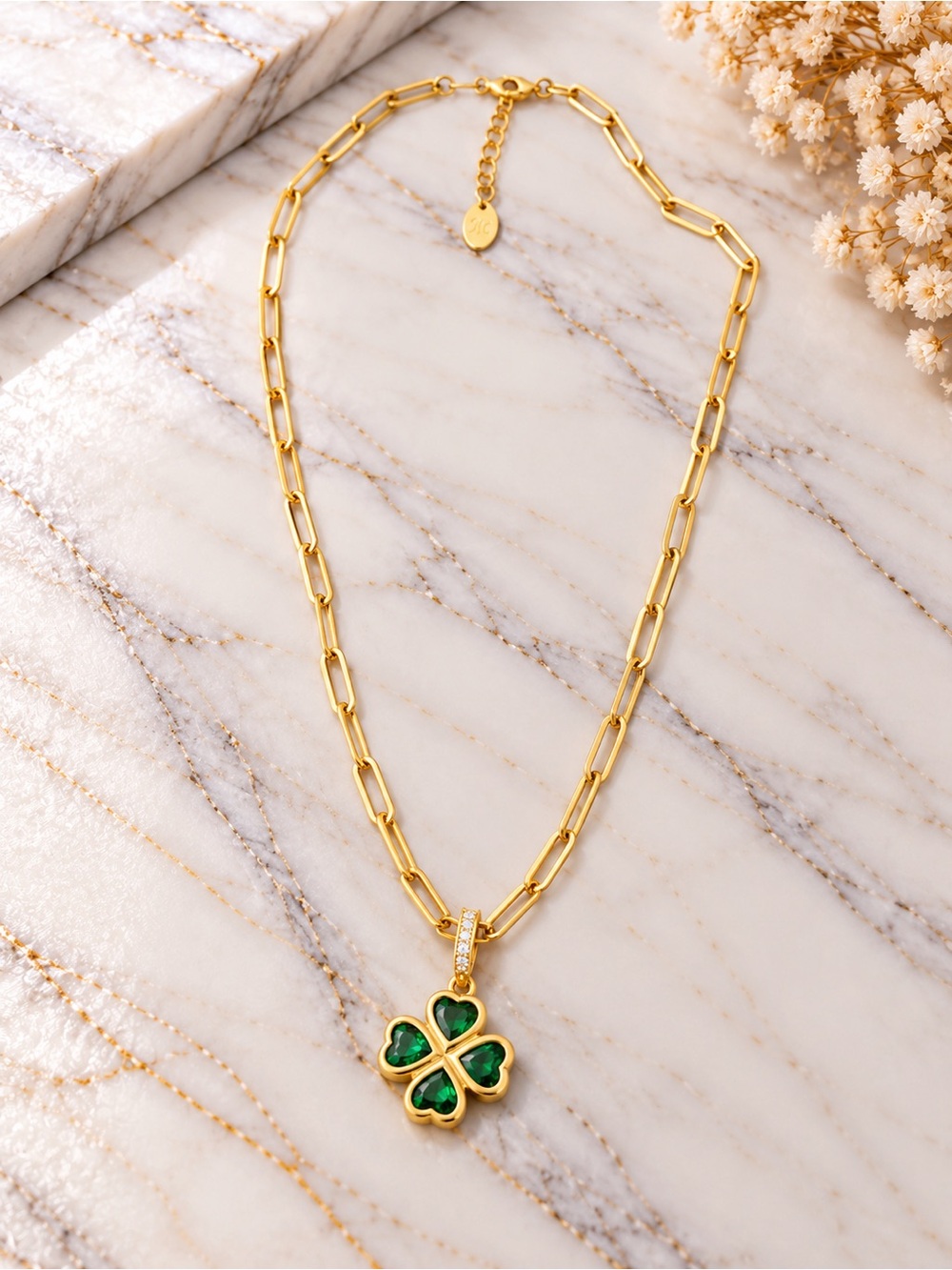 Gold Filled Chain Necklace with Green Clover Pendant - Women Jewelry